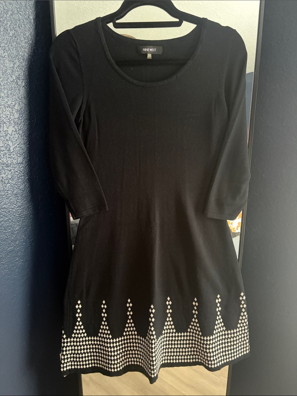Nine West Black Midi Dress with White Geometric Hem